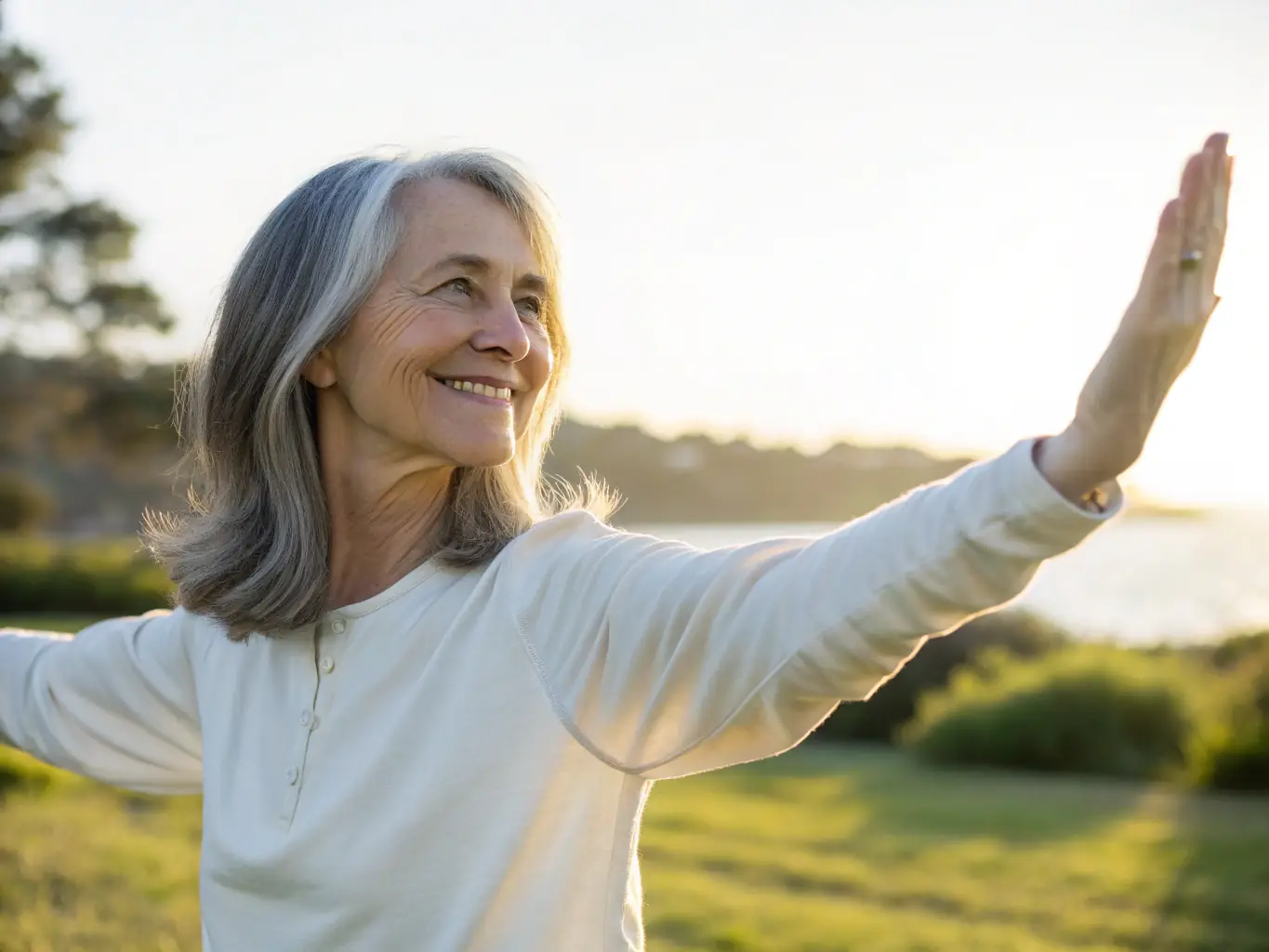 An image of a woman in her 50s smiling confidently while demonstrating a Qi Gong posture, highlighting improved flexibility and strength.