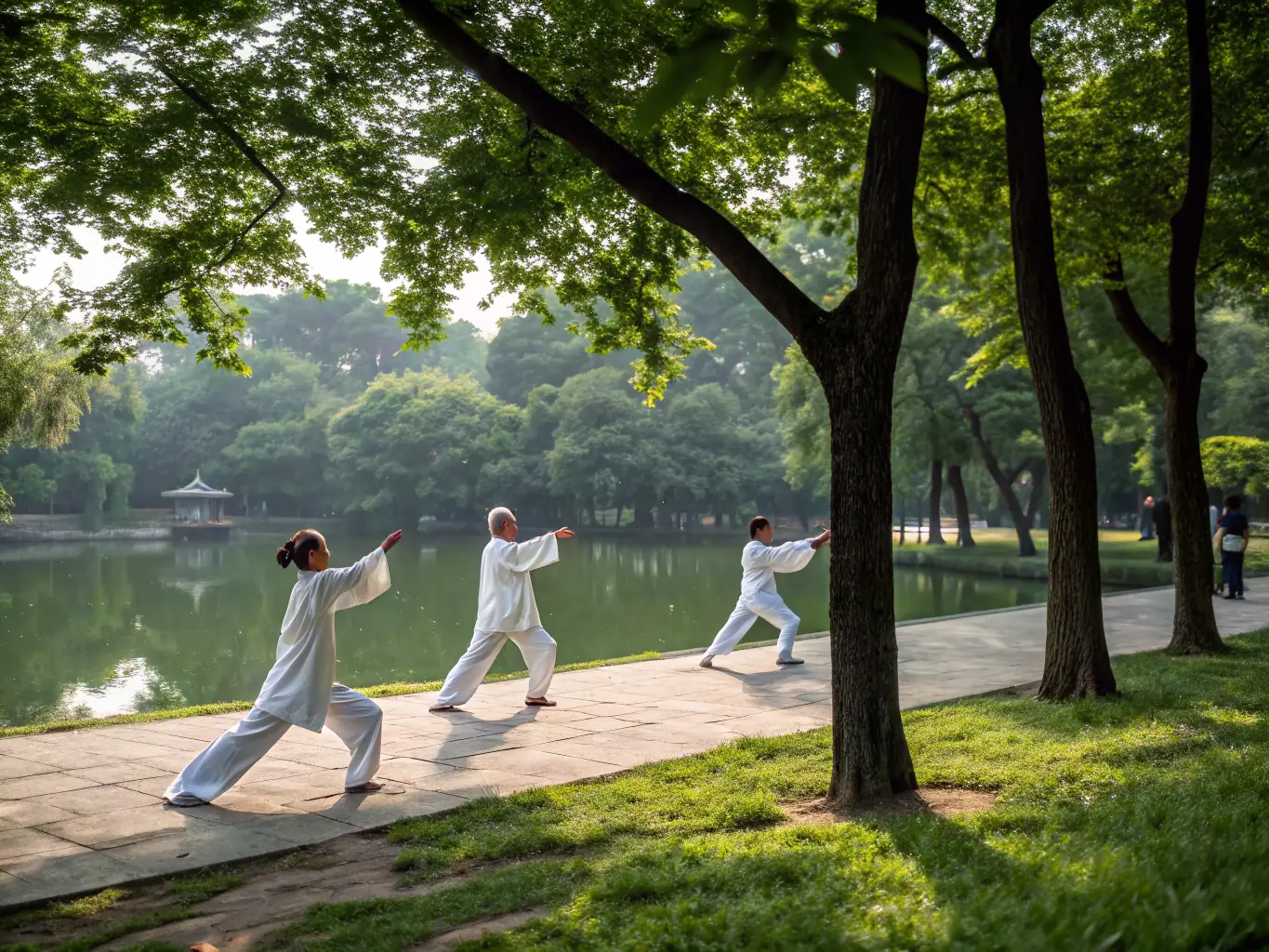 A calming image of a group of women practicing Qi Gong in a park, surrounded by lush greenery, emphasizing community and connection.