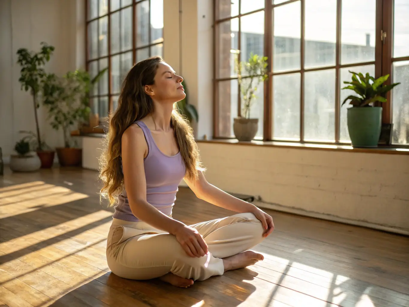 A serene image of a woman in her late 40s gracefully performing a Qi Gong movement in a sunlit studio, radiating peace and vitality.
